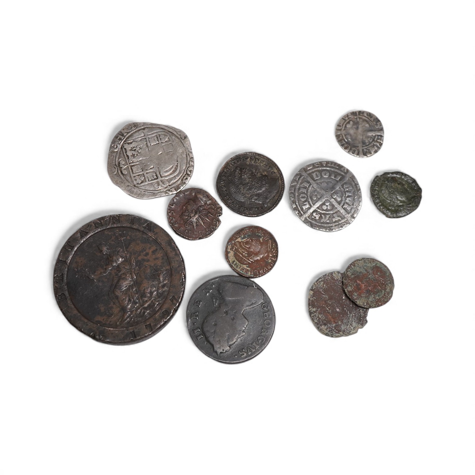 British Hammered coins, including a groat, Charles I shilling, Edward penny, two Roman AR denarius, other coins